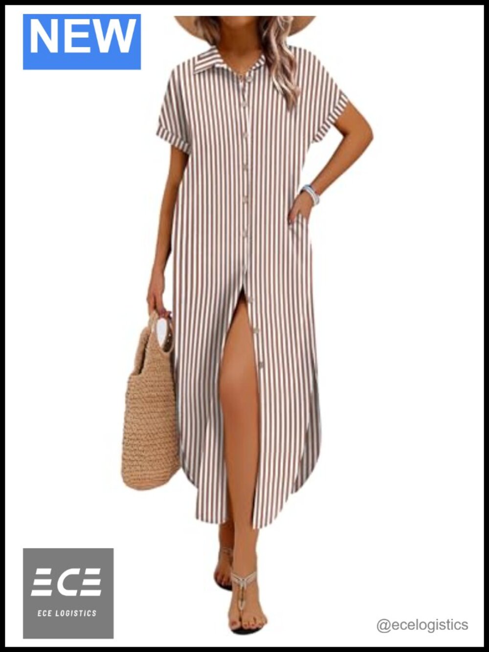 Women's Button Down Midi Shirt Dress Short Sleeve Beach Cover Up with Pockets